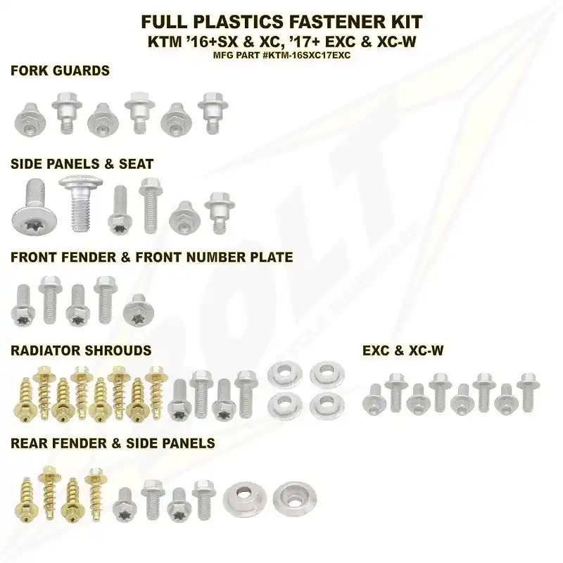 Bolt Volledige plastic set schroeven set KTM SX 125/150 16-18 & SX 250 17-18 & SX-F 250/350/450 16-18 & EXC 250/300 17-19 & EXC-F 250/350/450/500 17-19 Korting